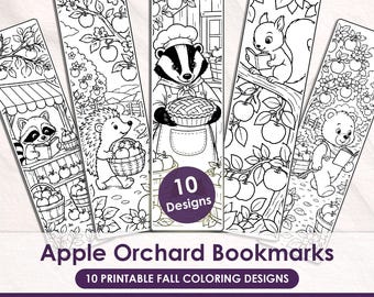 Apple Orchard Coloring Bookmarks for Kids, 10 Printable Fall Reading Bookmarks, Autumn Classroom Activity