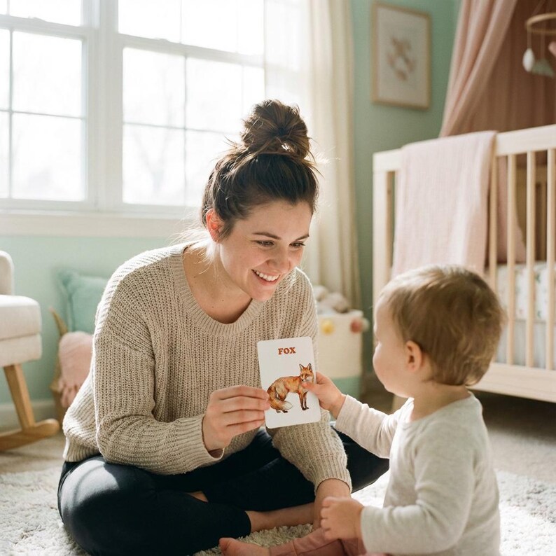 A woman and a child are sitting on a rug, looking at a flashcard. The card features a watercolor illustration of a fox and the word "FOX". The room has a crib and a window with natural light.