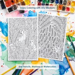 Forest coloring pages printable with watercolor, pencils and markers, versatile adult coloring designs