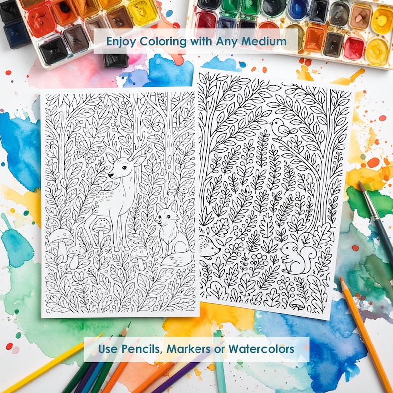 Forest coloring pages printable with watercolor, pencils and markers, versatile adult coloring designs