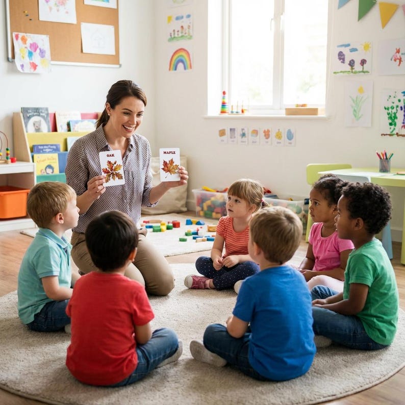 A teacher is showing flashcards to a group of children. The flashcards have images of leaves with the words "OAK" and "MAPLE". The children are sitting on the floor in a circle, looking at the flashcards. The room has colorful decorations.