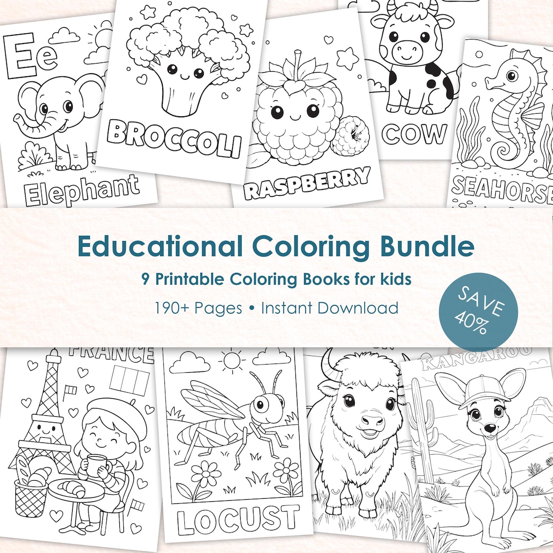 Educational Coloring Bundle for Kids, Printable Coloring Books Set ...