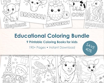 Educational Coloring Bundle for Kids, Printable Coloring Books Set, Alphabet Animals Learning Worksheets PDF