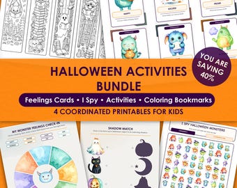 Halloween Activities Bundle for Kids, Monster Feelings Cards, I Spy Game, Coloring Bookmarks & SEL Printables