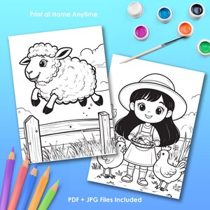 Printable coloring pages for kids PDF JPG, farm animals coloring set, instant download activity sheets