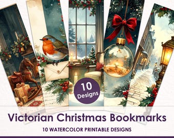Printable Christmas Bookmarks: 10 Victorian Watercolor Designs, PNG Set with A4 & US Letter Sheets
