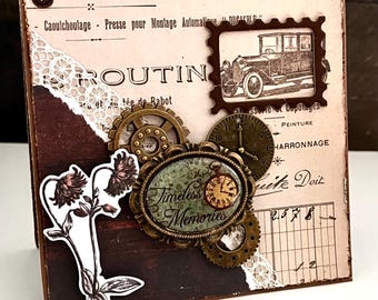 Reusable 5x5” Handmade Pocket Greeting Card – Timeless Memories – Vintage Steampunk Masculine, Anniversary, Birthday, Father’s Day