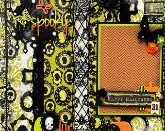Premade Halloween Scrapbook Page 12x12 - Handmade Layout - Gothic Punk spiders webs pumpkins witch Trick or Treat - Spooky