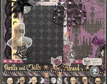 Premade Halloween Scrapbook Page 12x12 – Handmade Layout - Gothic Romance, Bride, Wedding, Potions & Chandelier - A Night of Horror