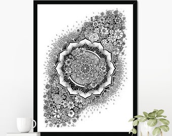 Flower Mandala Wall Art • Yoga Decor • Floral Mandala • Mandala Print • Spring Summer Autumn • Mandala Flower • Black and White