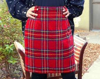 Vintage Pencil Red Plaid Skirt, High Waist Tartan Woollen Skirt