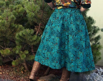 Vintage Turquoise Floral Midi Skirt, Button Down Skirt, Circle Swing Skirt