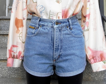 Pantaloncini vintage in denim a vita alta anni '80, pantaloncini mom jeans tagliati