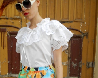 Blusa vintage de encaje de algodón, blusa eduardiana bordada, blusa romántica con mangas de poeta y volantes