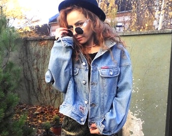 Vintage Rifle 80s Jean Jacket, Patch Cropped Denim Jacket