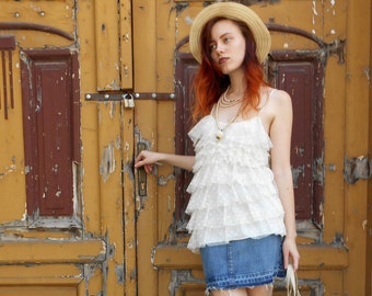 Retro White Lace Blouse, Ruffled Bohemian Blouse, Tulle Elegant Top