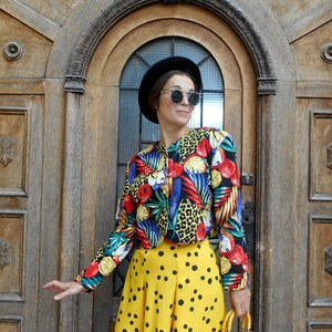 Vintage Fruit Animal Print Cropped Blazer, Quilt Jacket 80's, Quilted Jacket