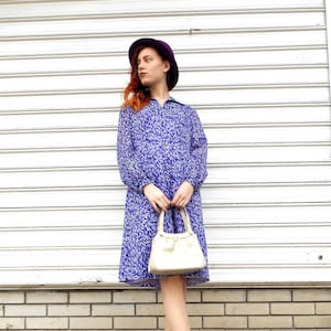 Vintage Midi 60s 70s Dress, Purple 60s Mod Dress, Collar 70s Dress