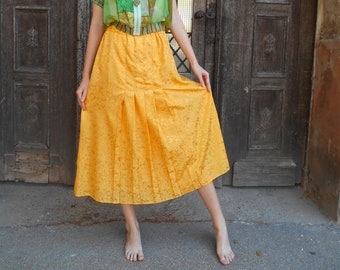 Vintage Pleated Midi Skirt, Golden Mustard Yellow Skirt 80s