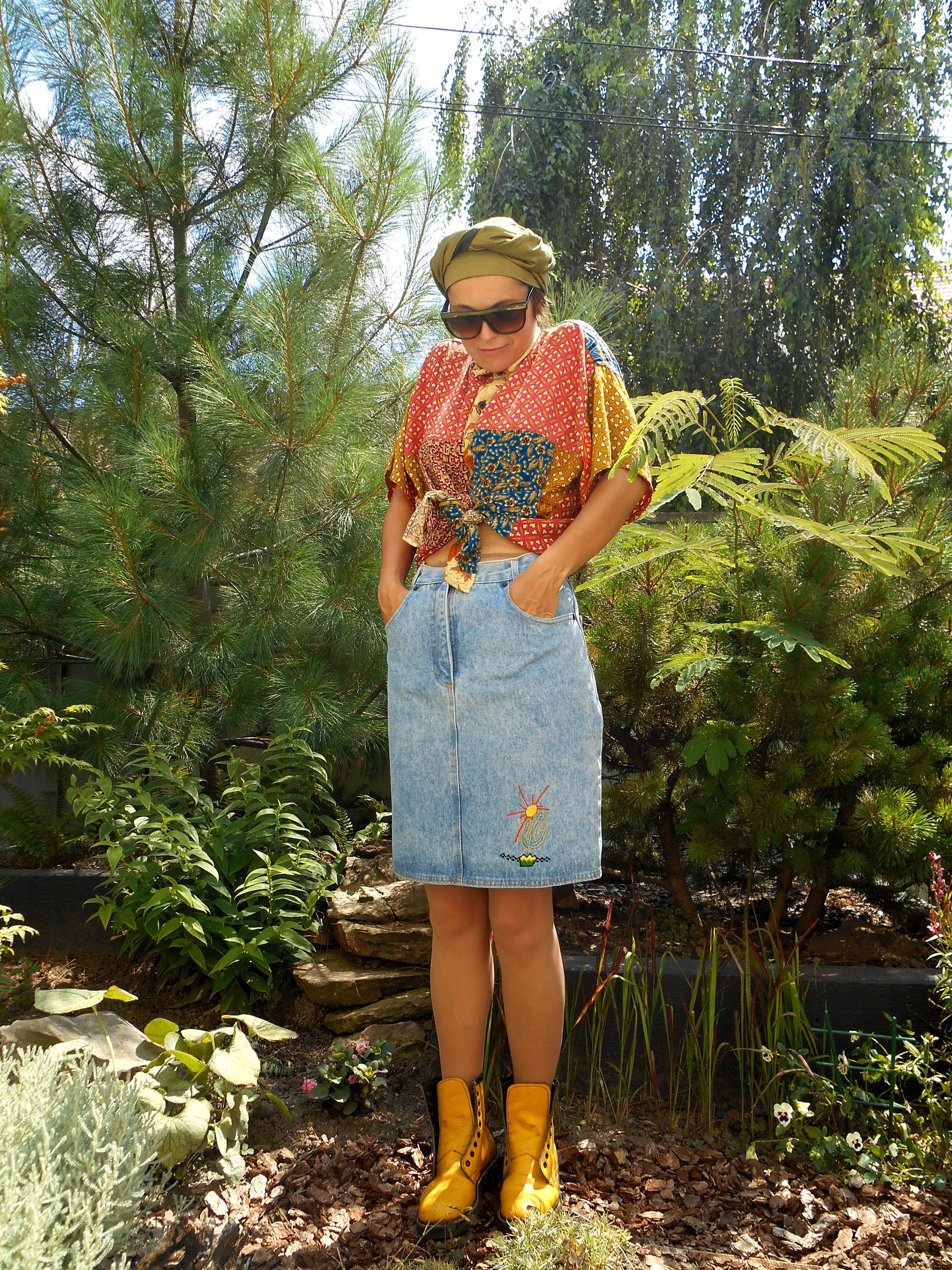 Vintage 80s Embroidered Denim Pencil Skirt, High Waist Punk Patch