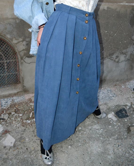 Vintage Blue Pleated Maxi Skirt, Button Down Skir… - image 4