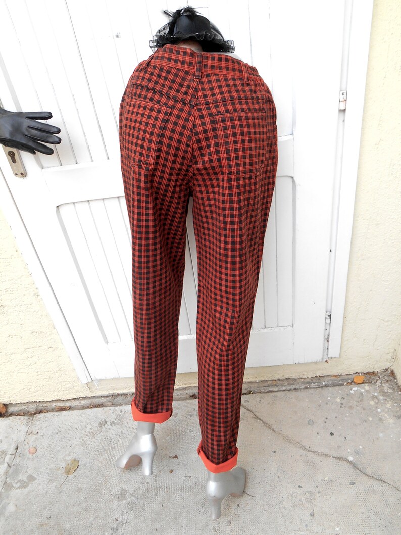 Vintage High Waist Plaid Punk Jeans, Checkered Jeans 80s, Grunge Gingham Pants Jeans image 2