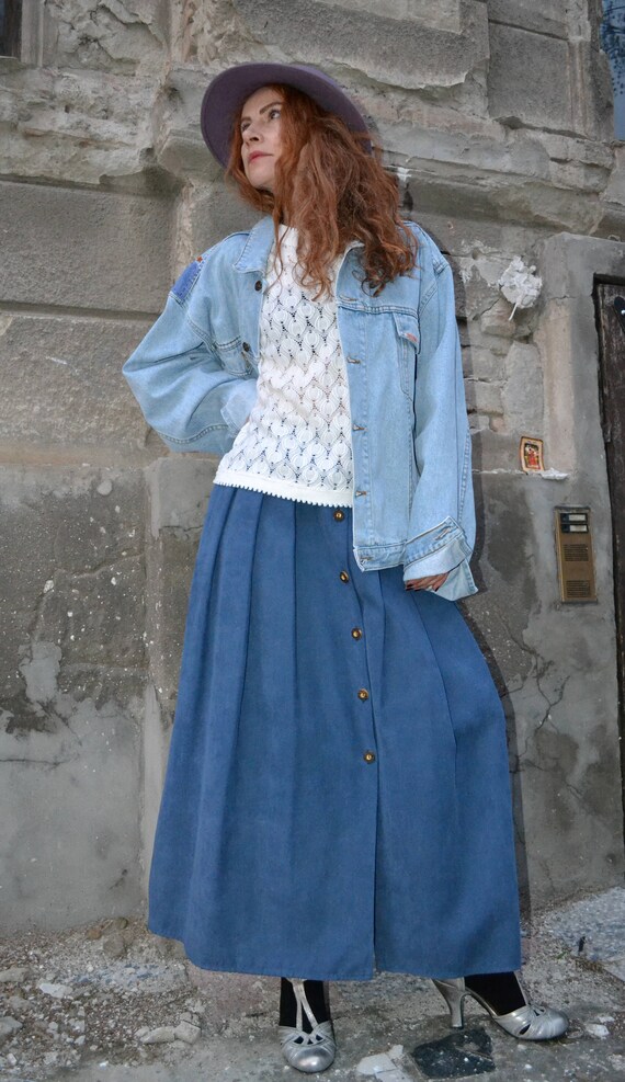 Vintage Blue Pleated Maxi Skirt, Button Down Skir… - image 9