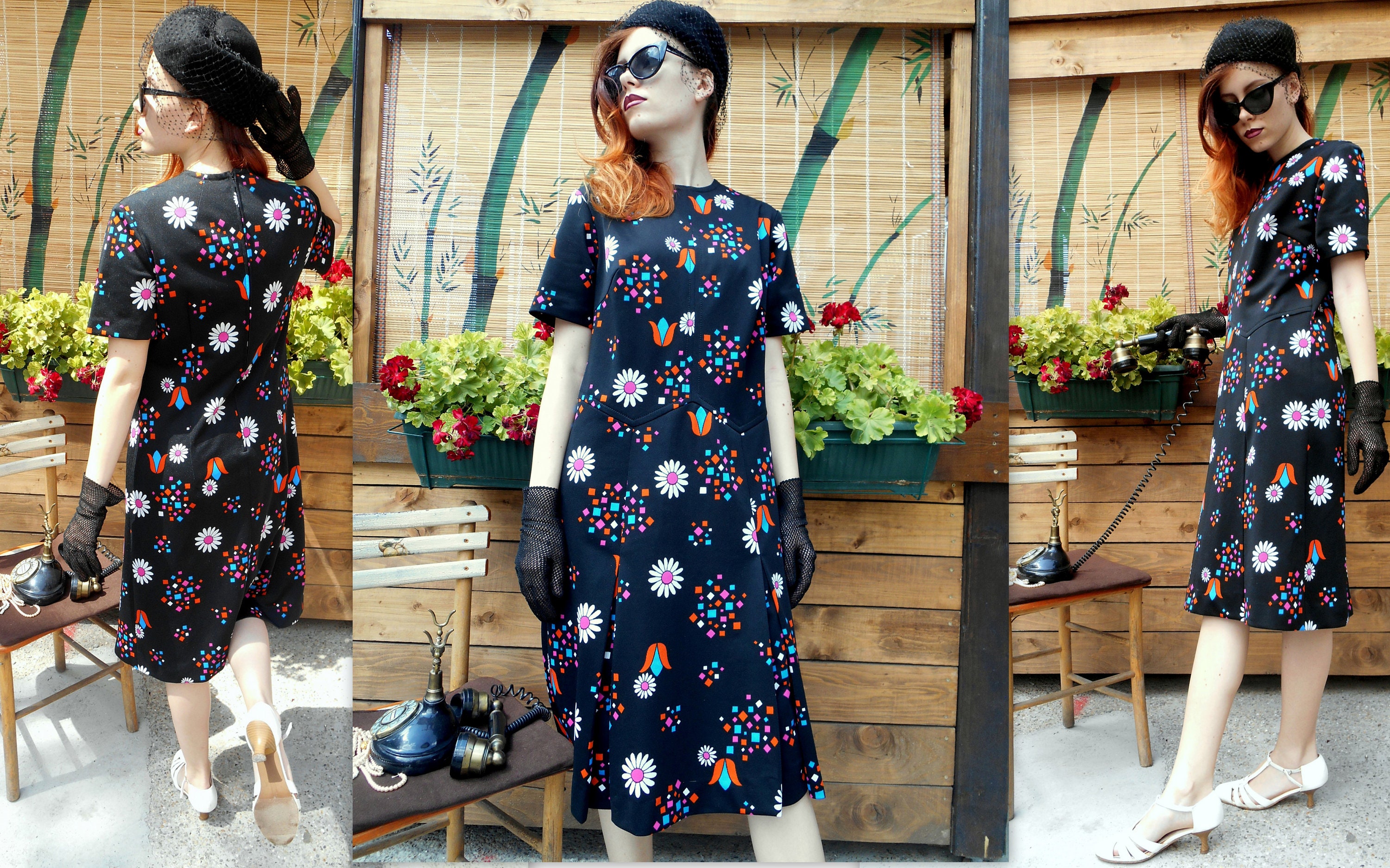 Vintage Black Floral Midi Dress, Modest 60s Dress, Flower