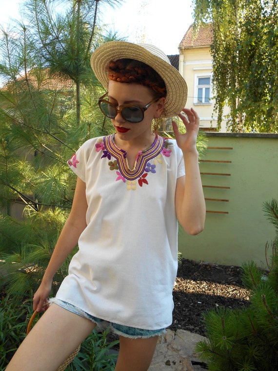 Traditional Peasant Ethnic Blouse, Embroidery Flor