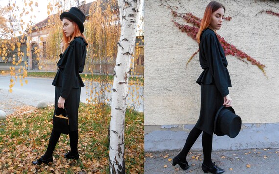 Vintage Peplum Black Pencil Dress 80s