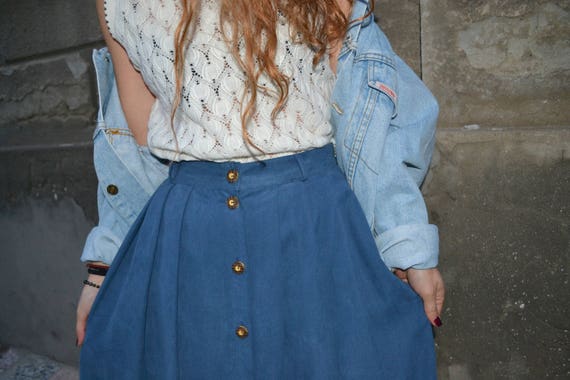 Vintage Blue Pleated Maxi Skirt, Button Down Skir… - image 2