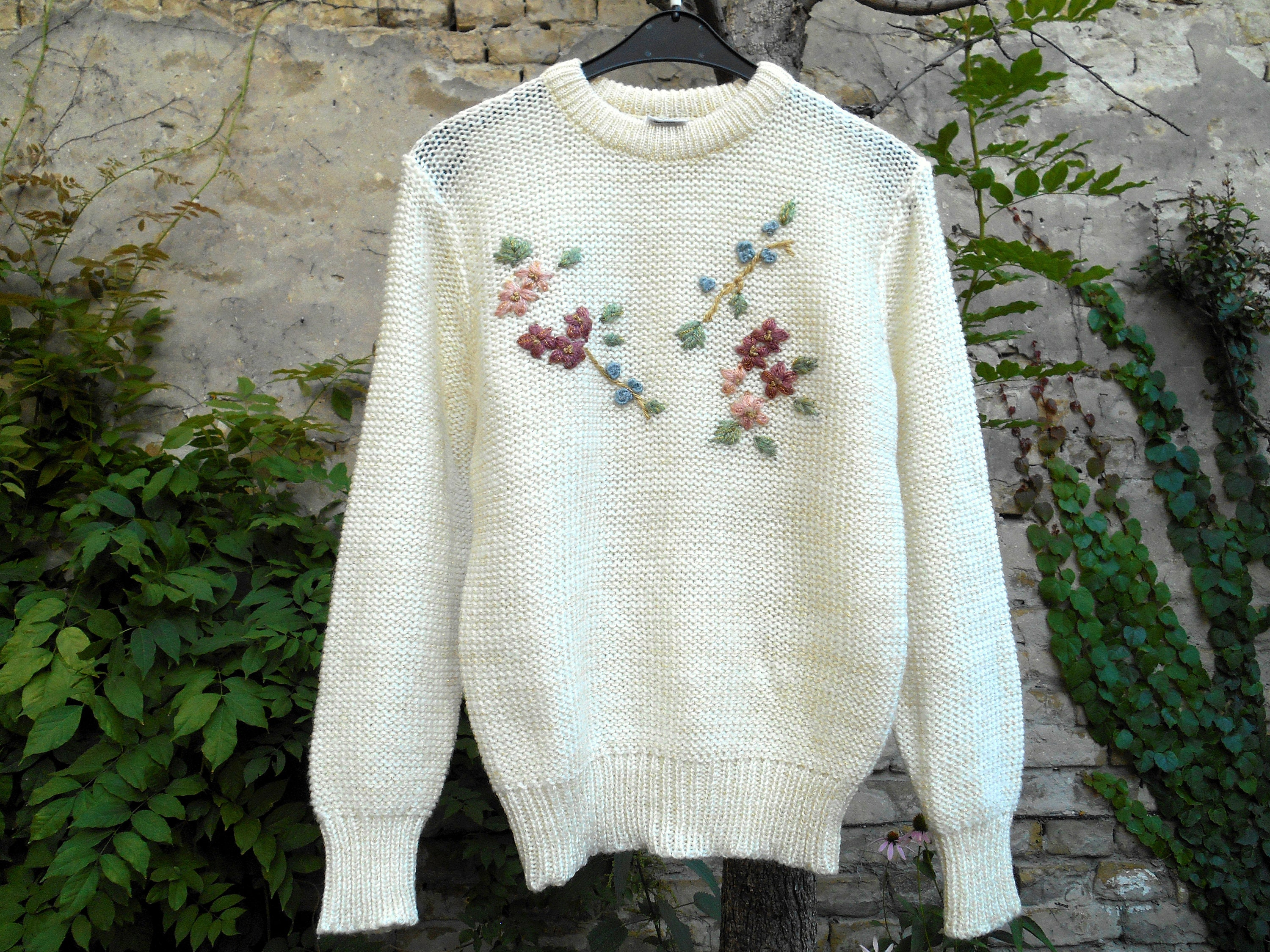 Vintage White Floral Sweater Flower Embroidery Sweater Etsy