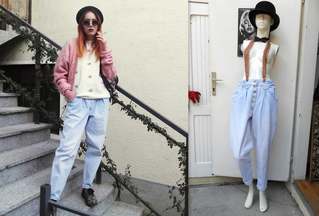 Vintage High Waist Baggy Pleated Jeans Tapered Western Jeans Etsy