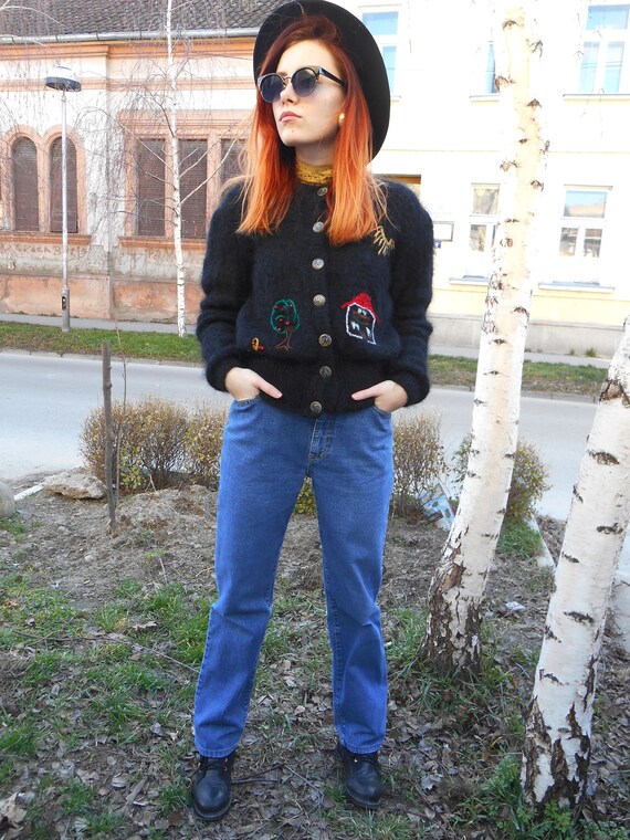Vintage Mohair Sweater, Embroidery Handknit Cardig