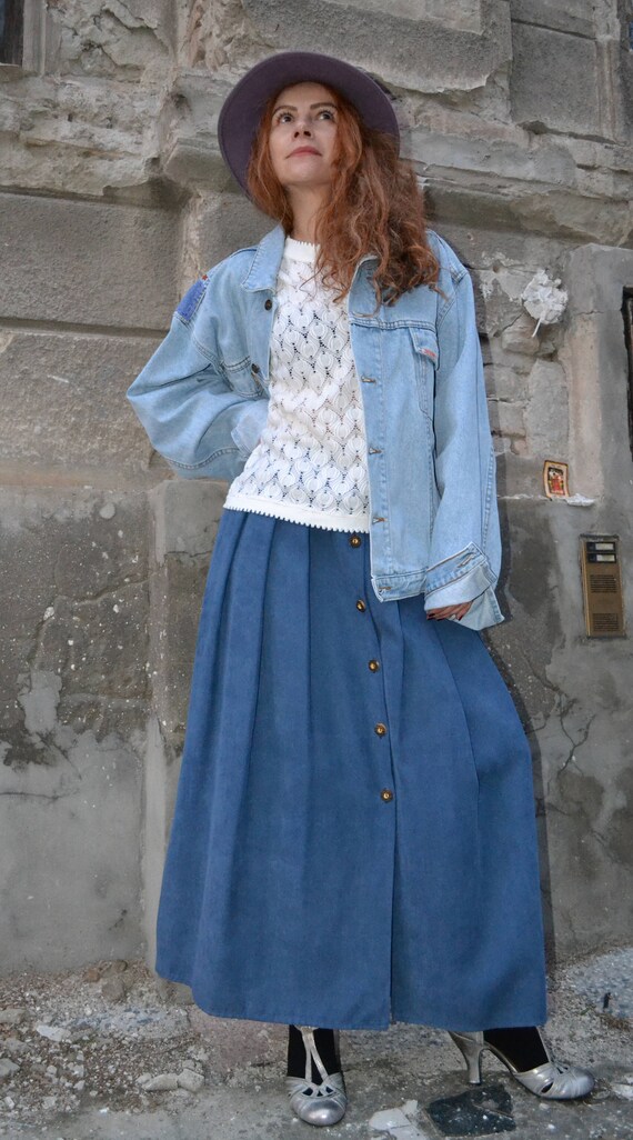Vintage Blue Pleated Maxi Skirt, Button Down Skir… - image 3