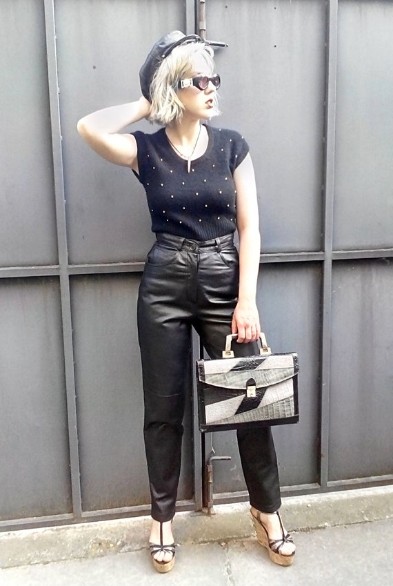 Vintage Real Leather Pants, 80s High Rise Pants, M