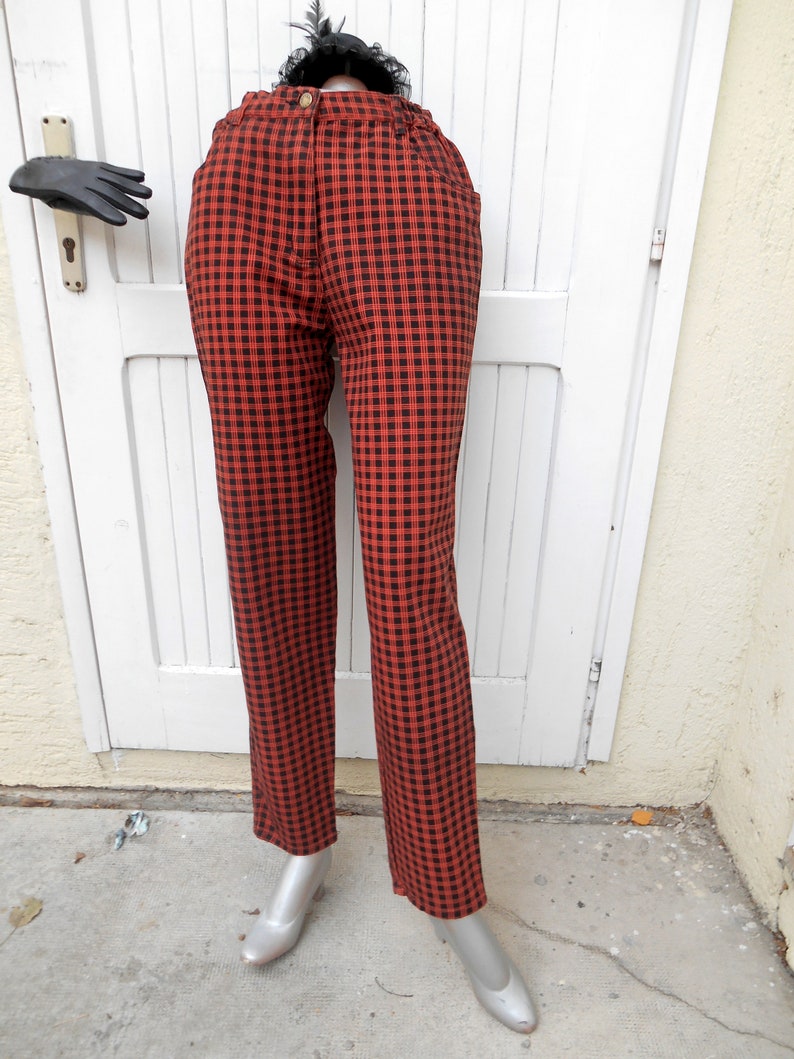 Vintage High Waist Plaid Punk Jeans, Checkered Jeans 80s, Grunge Gingham Pants Jeans image 1