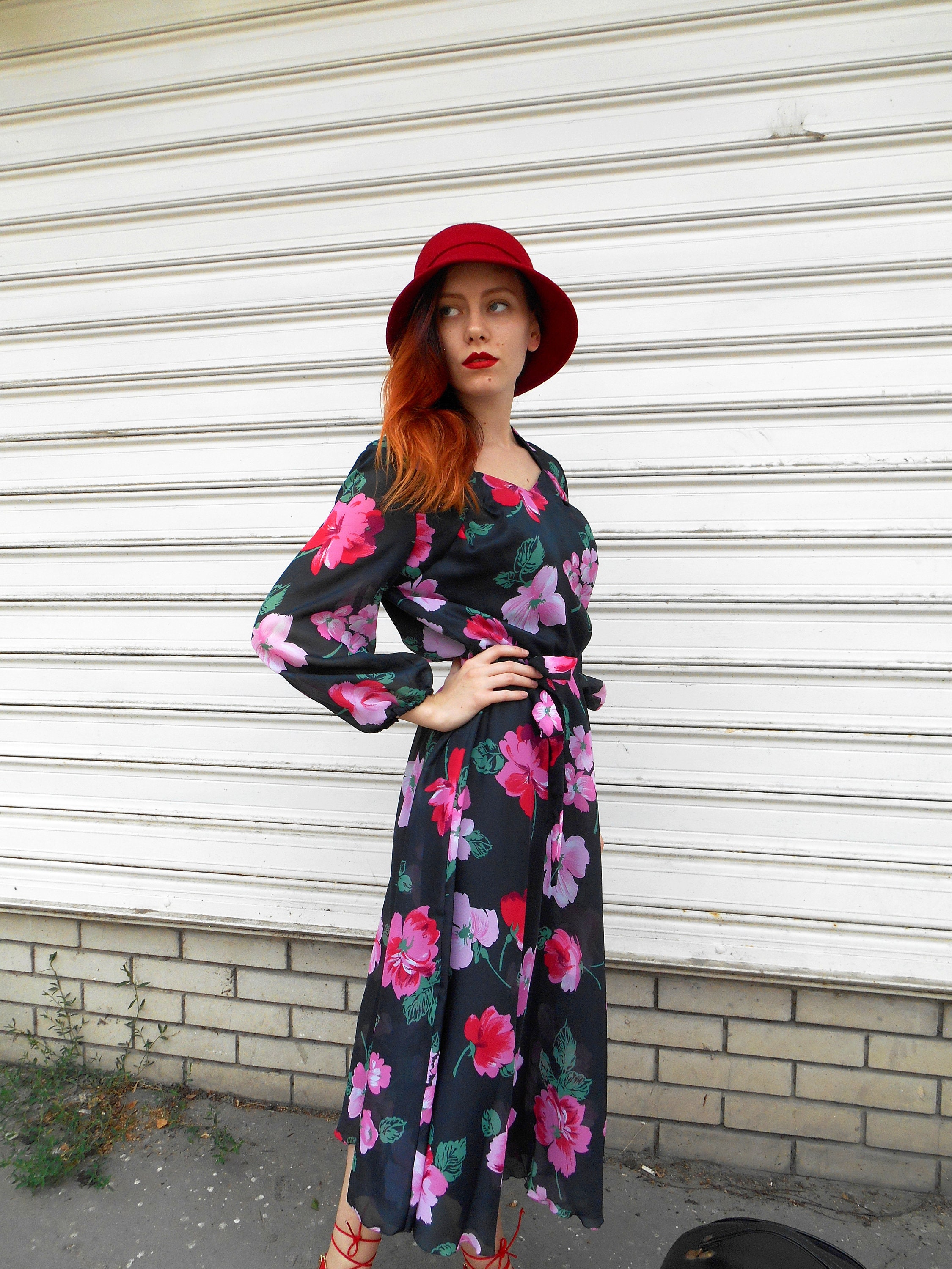 Vintage Floral Midi Dress Full Circle Garden Party Dress 70s | Etsy