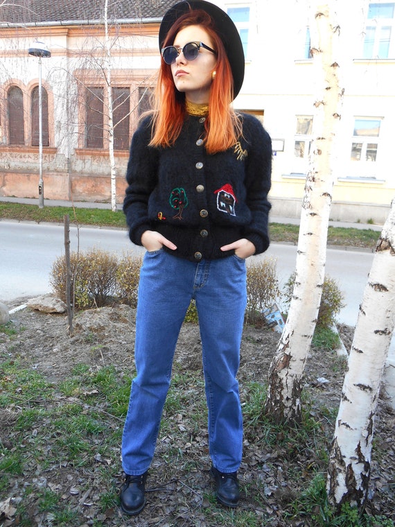 Vintage Mohair Embroidered Cardigan, Black Handkni