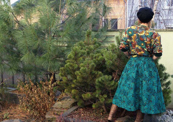 Vintage Turquoise Floral Midi Skirt Button Down Skirt Circle Swing Skirt Etsy