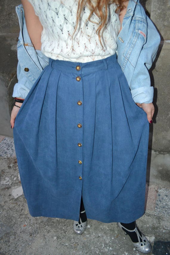 Vintage Blue Pleated Skirt, Button Front Skirt, Lo