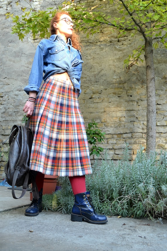 Vintage Plaid Pleated Skirt, White Red Pleated Ski