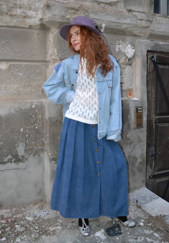 Vintage Blue Pleated Maxi Skirt, Button Down Skir… - image 5