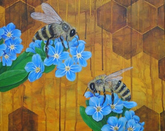 Honeybees & Forget-Me-Nots - Bee Print - Mounted Print - Bee Art - Acrylic Painting - Gold Leaf