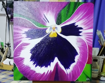 オリジナル油絵：新聞紙に描いた紫色のパンジーの花のアート - 6x6