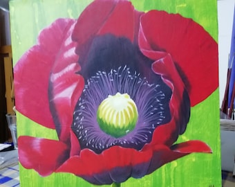 オリジナルの赤いポピーの油絵、花の静物画、8x8キャンバスアート