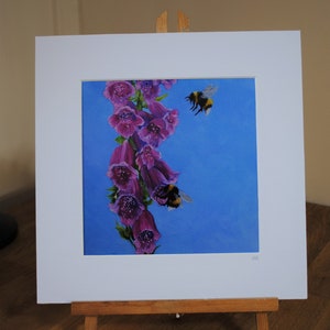 Bumblebees & Foxgloves- Bee Print- Mounted Print- Bee Art- Oil Painting - Foxgloves
