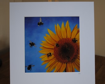 Bumblebees and Sunflower Mounted Print: Bee Art Oil Painting