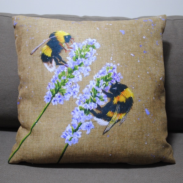 Bumblebees & Lavender Cushion - Vegan Suede - Bee Design - Soft Furnishing