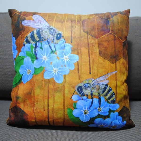 Honeybees & Forget-Me-Nots Cushion - Vegan Suede - Bee Design - Soft Furnishing